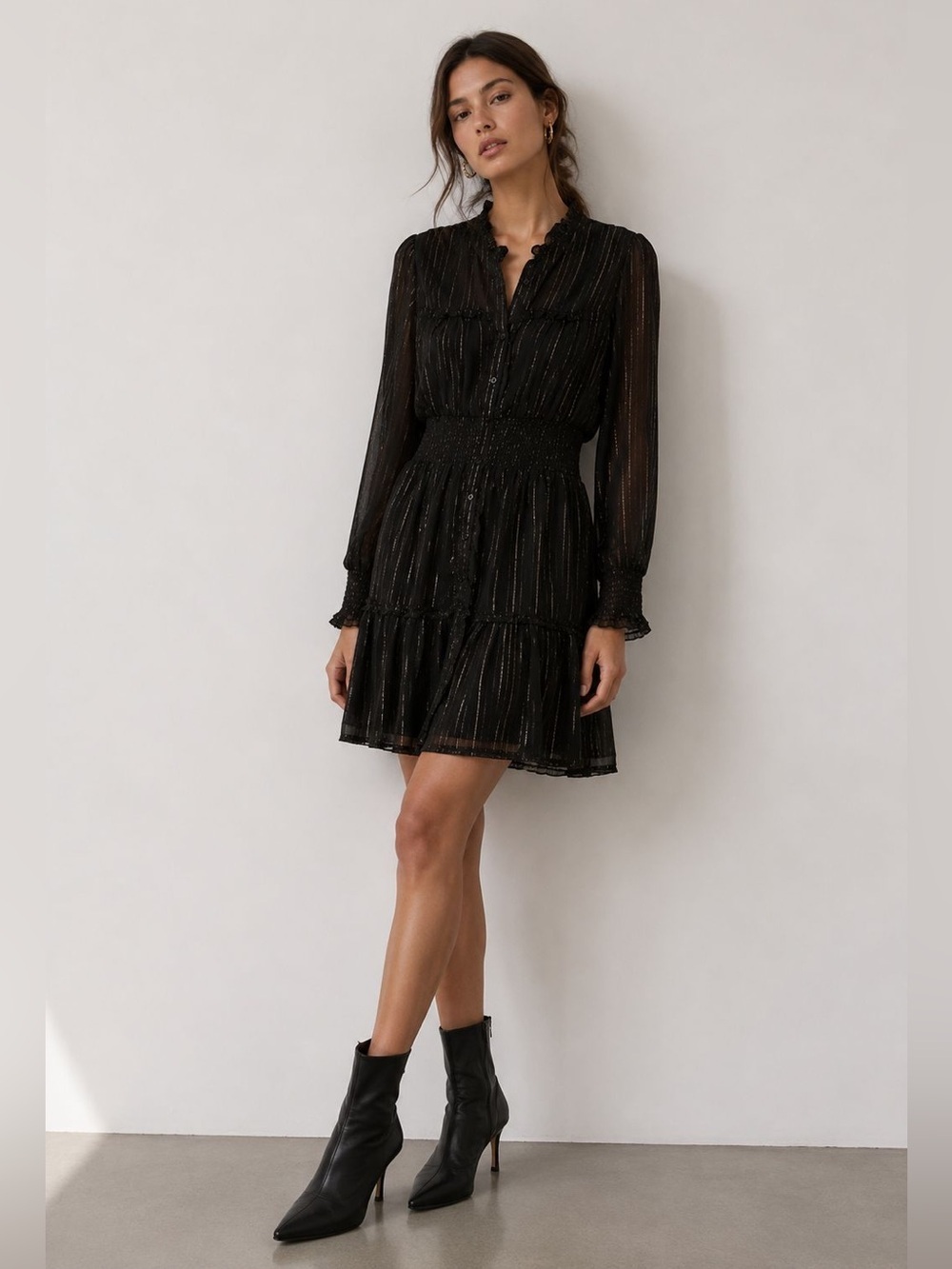 Guillaume Black Metallic Thread Long Sleeve Mini Dress XS
